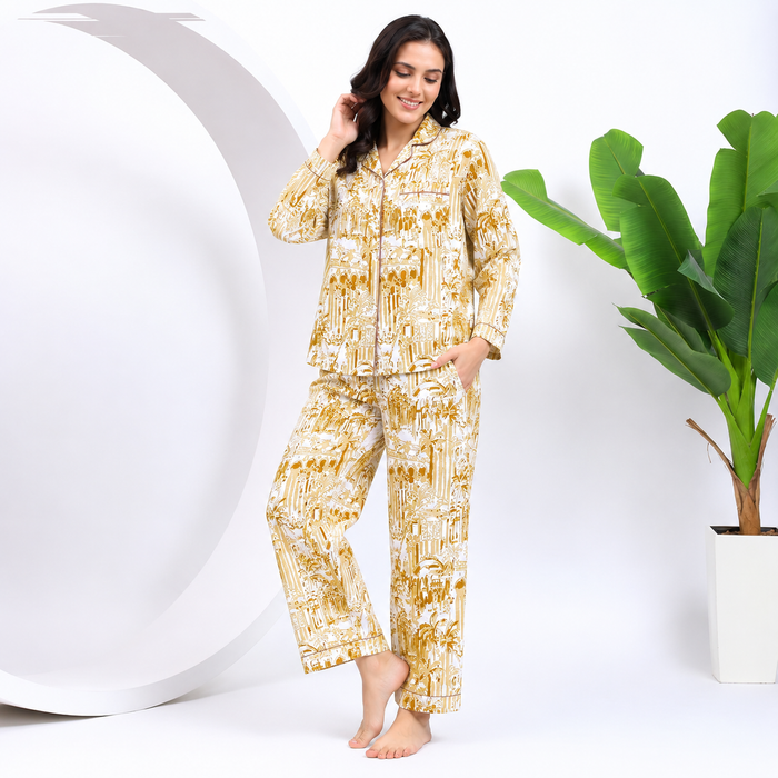 Women’s 100% Cotton Printed Night Suit Set | Beige Full Sleeve Button-Down Pajama Sleepwear with Pockets