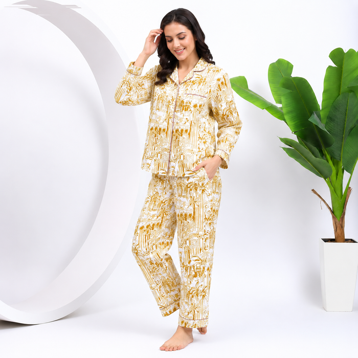 Women’s 100% Cotton Printed Night Suit Set | Beige Full Sleeve Button-Down Pajama Sleepwear with Pockets