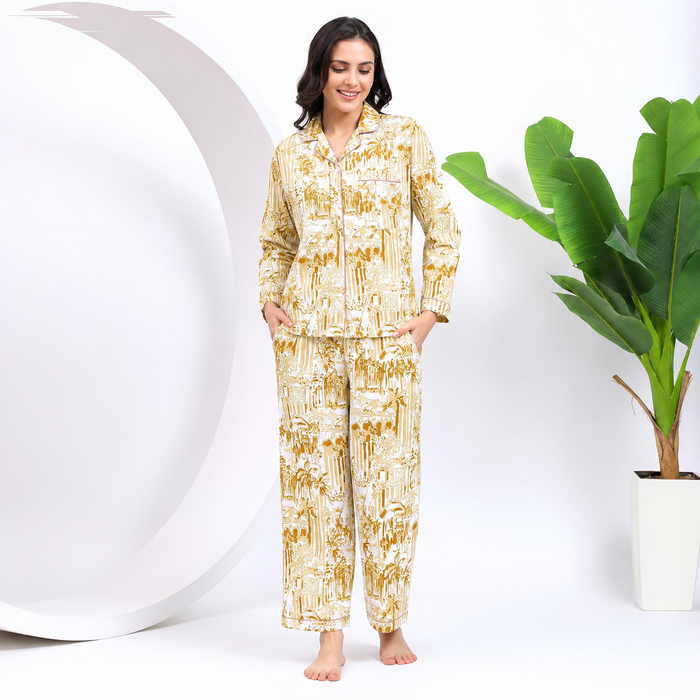 Women’s 100% Cotton Printed Night Suit Set | Beige Full Sleeve Button-Down Pajama Sleepwear with Pockets