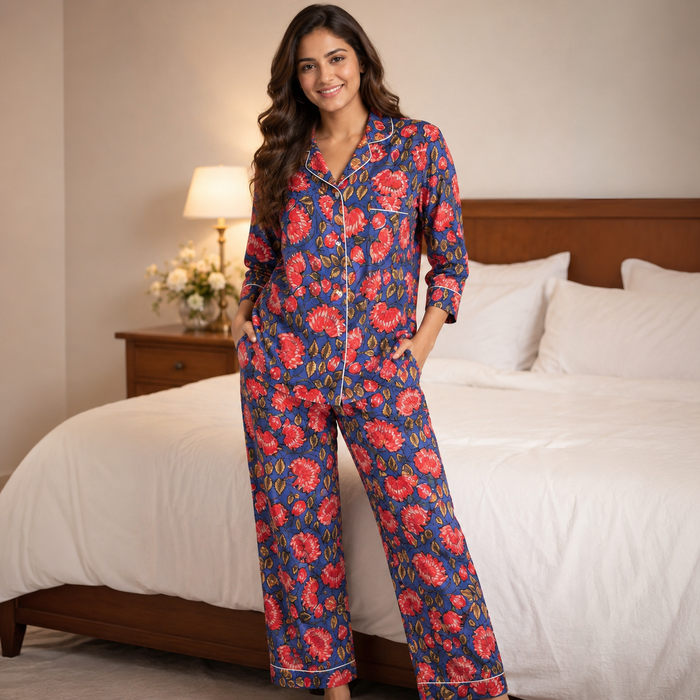 Blue Floral Cotton Pajama Set for Women | Soft Long Sleeve Cotton Night Suit | MARIKA TEXTILES