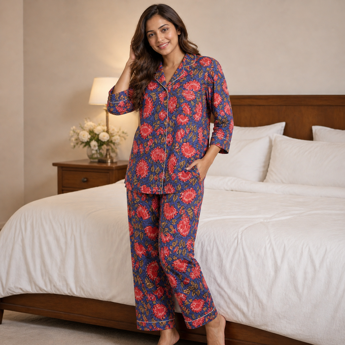 Blue Floral Cotton Pajama Set for Women | Soft Long Sleeve Cotton Night Suit | MARIKA TEXTILES