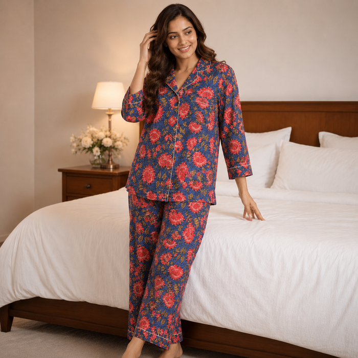 Blue Floral Cotton Pajama Set for Women | Soft Long Sleeve Cotton Night Suit | MARIKA TEXTILES