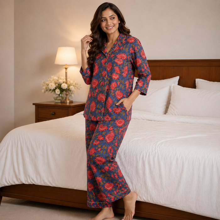 Blue Floral Cotton Pajama Set for Women | Soft Long Sleeve Cotton Night Suit | MARIKA TEXTILES
