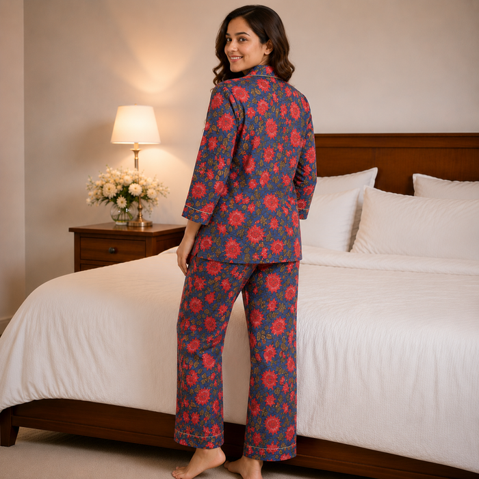 Blue Floral Cotton Pajama Set for Women | Soft Long Sleeve Cotton Night Suit | MARIKA TEXTILES