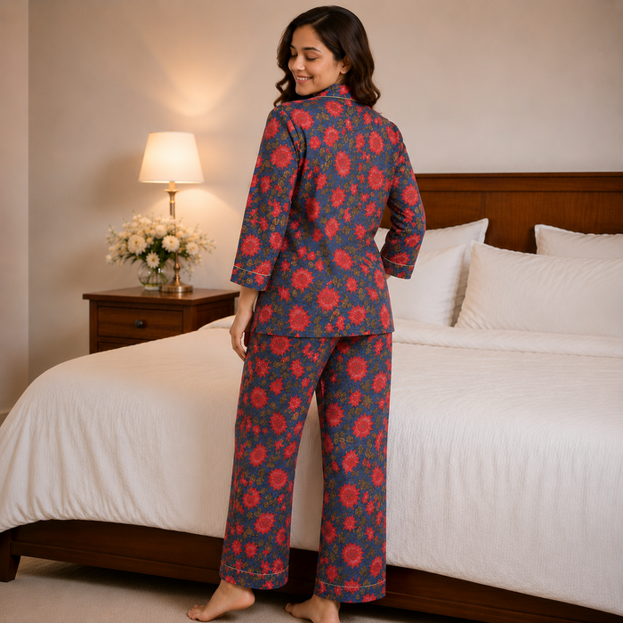 Blue Floral Cotton Pajama Set for Women | Soft Long Sleeve Cotton Night Suit | MARIKA TEXTILES