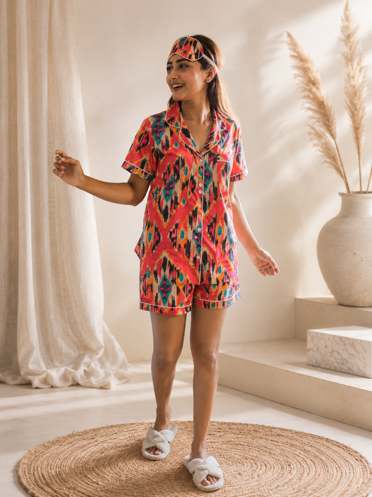 Women’s Ikat Print Cotton Short Night Suit Set with Eye Mask & Scrunchie