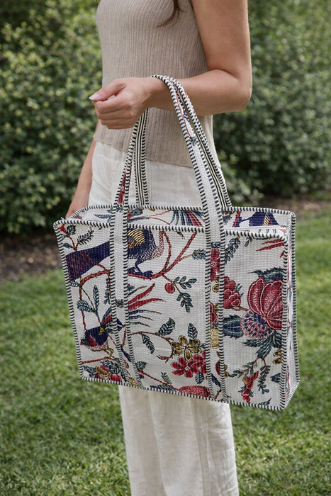 White Floral & Bird Printed Cotton Tote Bag with Zip | Reusable Eco-Friendly Shoulder Bag