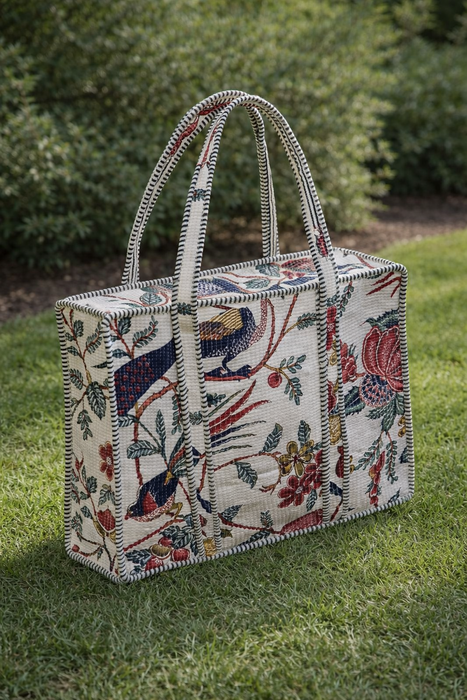 White Floral & Bird Printed Cotton Tote Bag with Zip | Reusable Eco-Friendly Shoulder Bag