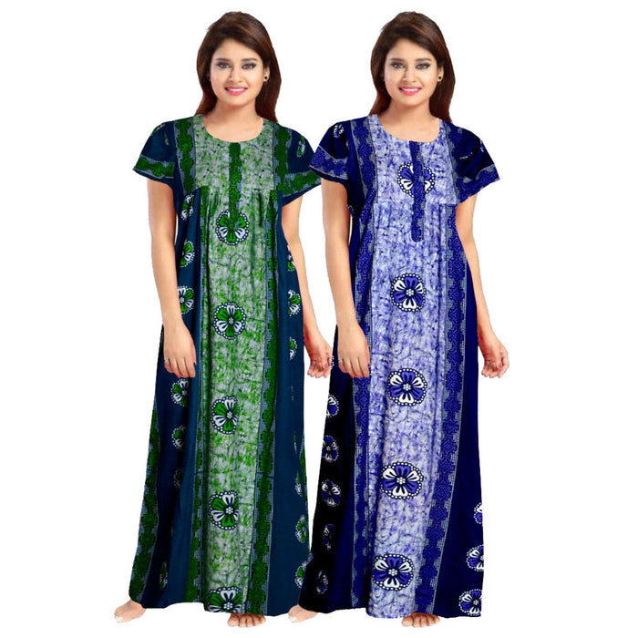 Women's Cotton Nighty 2-Piece Set Green and Blue Floral Print Bikini Cover-up Maxi Combo