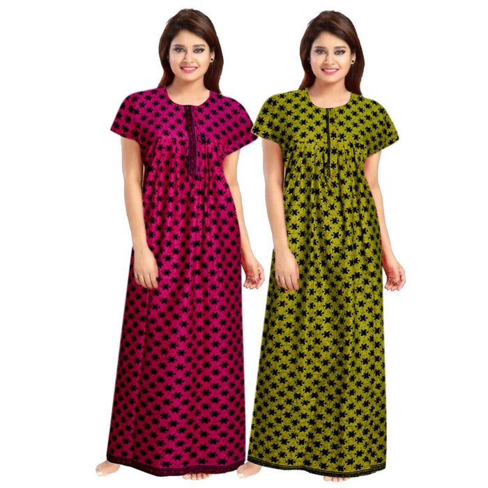 Pink & Green 2pc Set of Cotton Women's Maxi Night Dress Combo