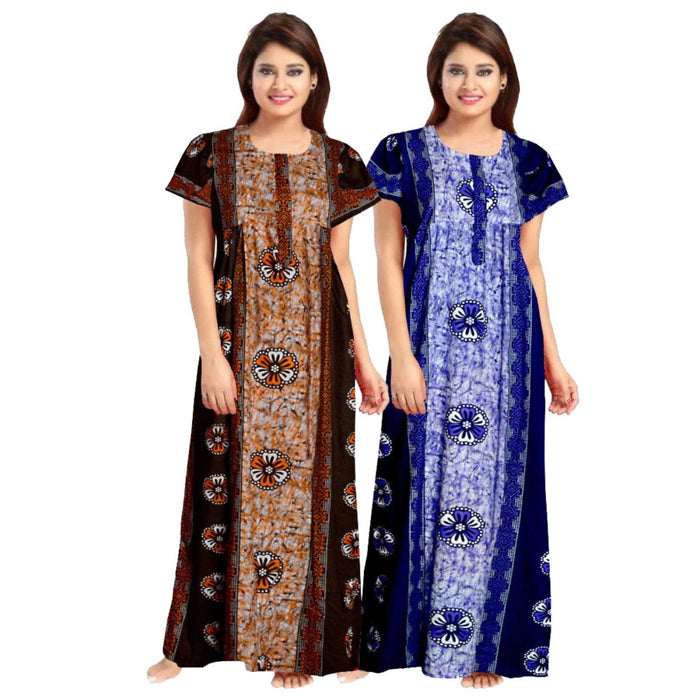 Women's Cotton Maxi Night Dress 2-Piece Combo Set with Floral Print