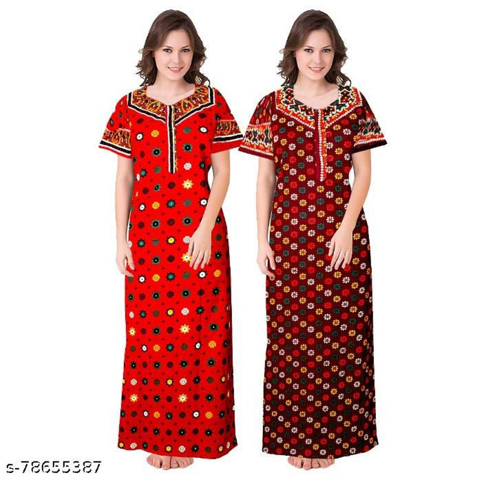 100% Cotton Women's Casual Wear Nighty 2pc Free Size Maxi Set