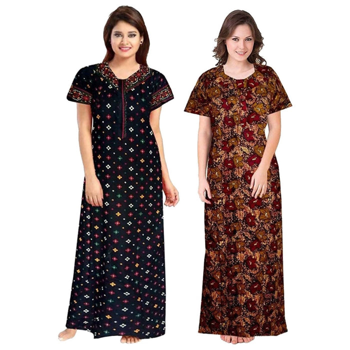 Women's Black & Brown Cotton Maxi Night Dress from Marika Textiles