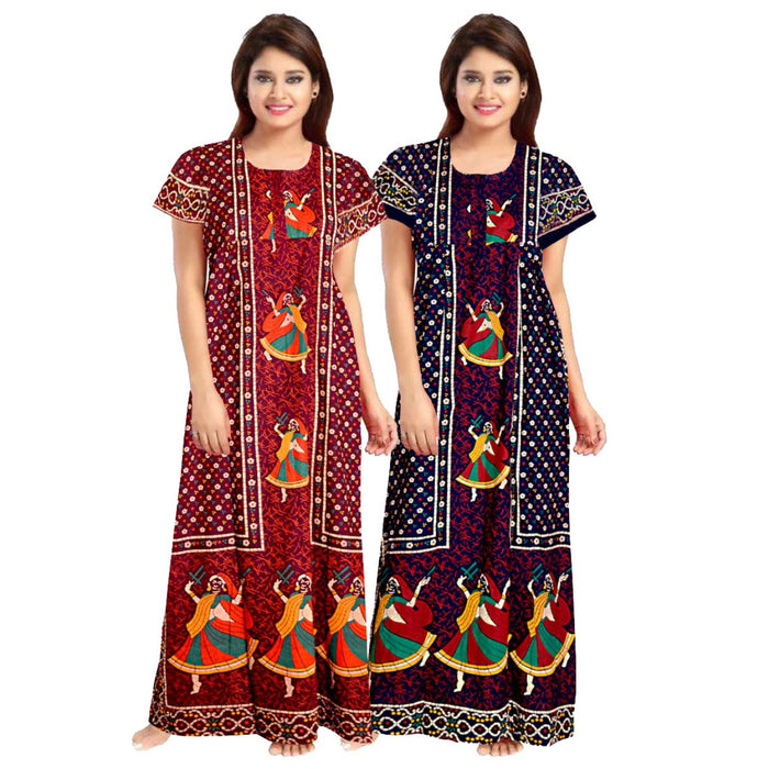 Red and Navy Blue Cotton Night Dress 2-Piece Maxi Set Women's Nighty Combo from Marika Textiles