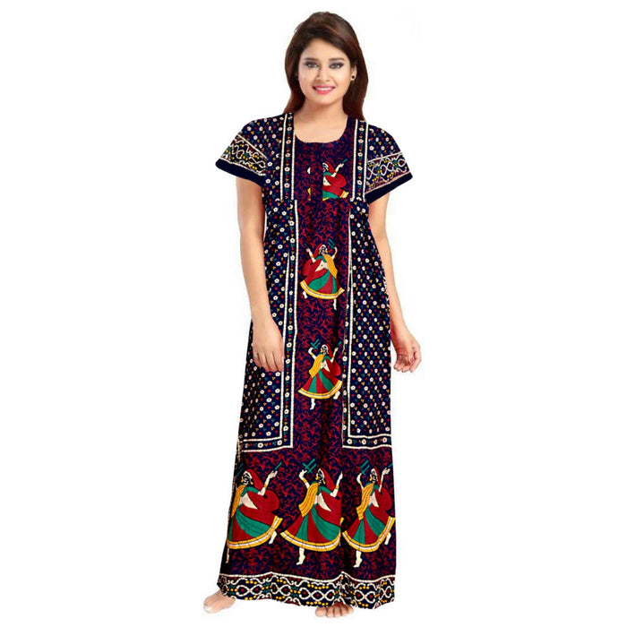 Red and Navy Blue Cotton Night Dress 2-Piece Maxi Set Women's Nighty Combo from Marika Textiles