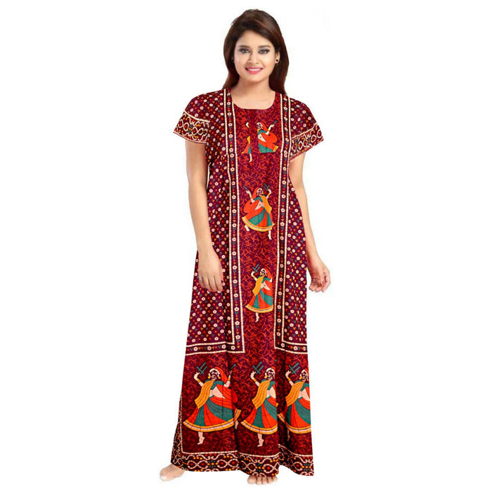 Red and Navy Blue Cotton Night Dress 2-Piece Maxi Set Women's Nighty Combo from Marika Textiles