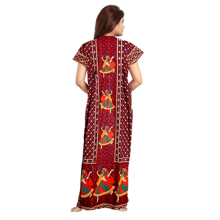 Red and Navy Blue Cotton Night Dress 2-Piece Maxi Set Women's Nighty Combo from Marika Textiles