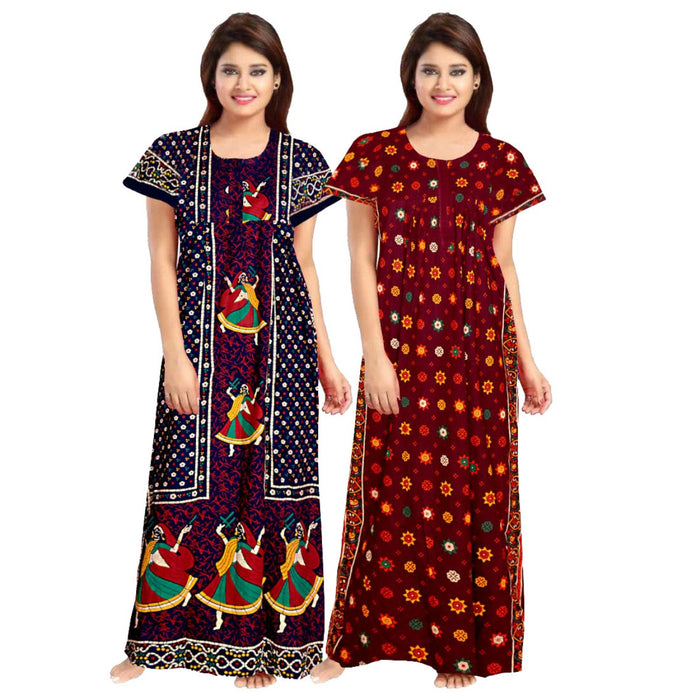 Women's Cotton Maxi Night Dress 2-Piece Set Rajasthani Print from Marika Textiles