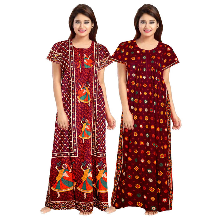 Combo of 2-Piece Red Cotton Maxi Women's Nightwear Dress from Marika Textiles