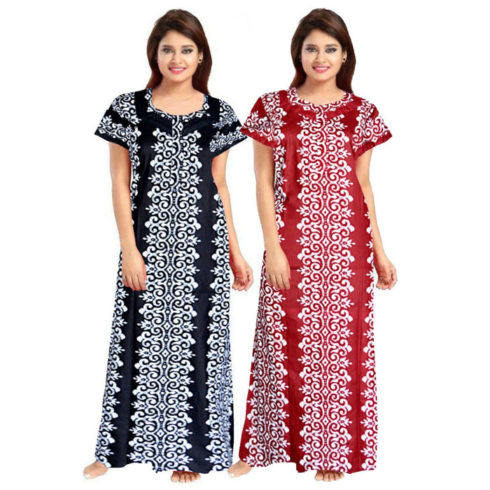 Casual Wear Women's 2-Piece Set of 100% Cotton Maxi Nighties Combo