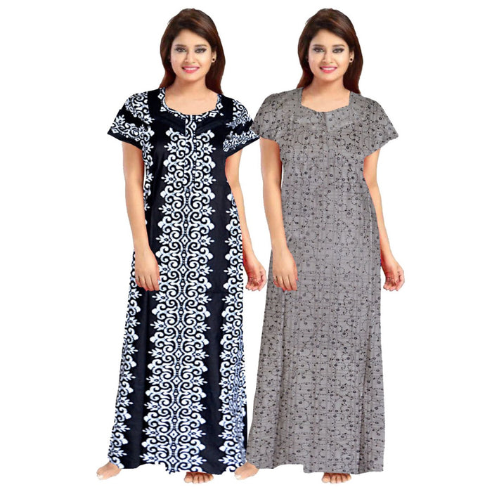 2-Piece Set of Grey & Black Cotton Maxi Nighty Combo for Women from Marika Textiles