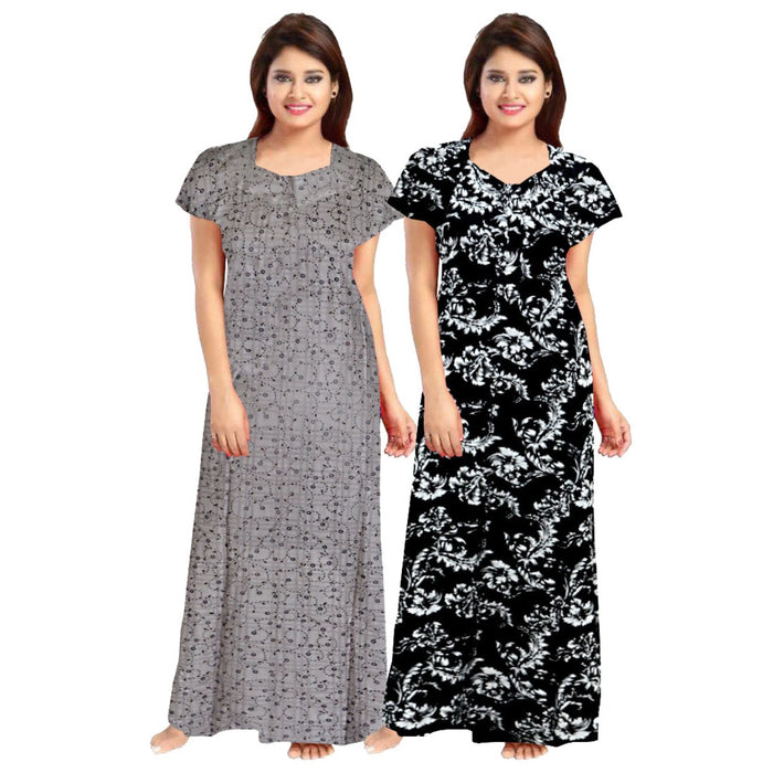 2-Piece Set of Free Size Cotton Women's Floral Print Maxi Night Dress