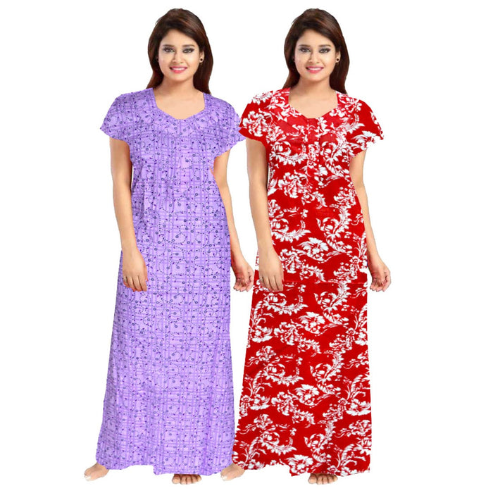 2-Piece Set of Red & Purple Cotton Maxi Night Dress Combo for Women from Marika Textiles