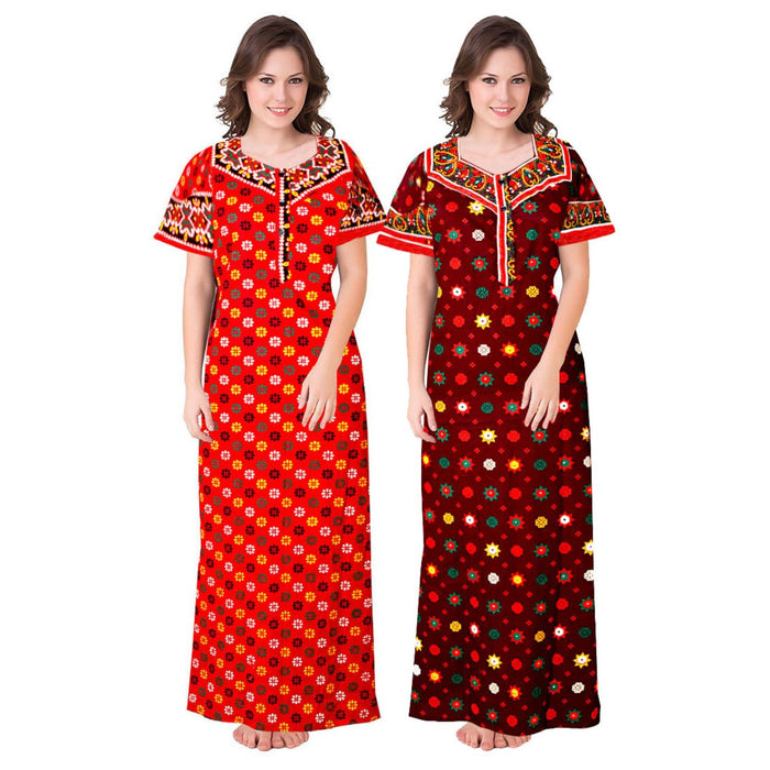 Red & Maroon Women's Nighty 2pc Cotton Night Wear Combo Set from Marika Textiles