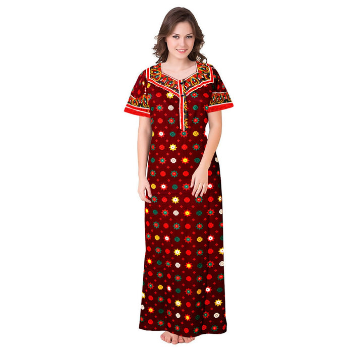 Red & Maroon Women's Nighty 2pc Cotton Night Wear Combo Set from Marika Textiles