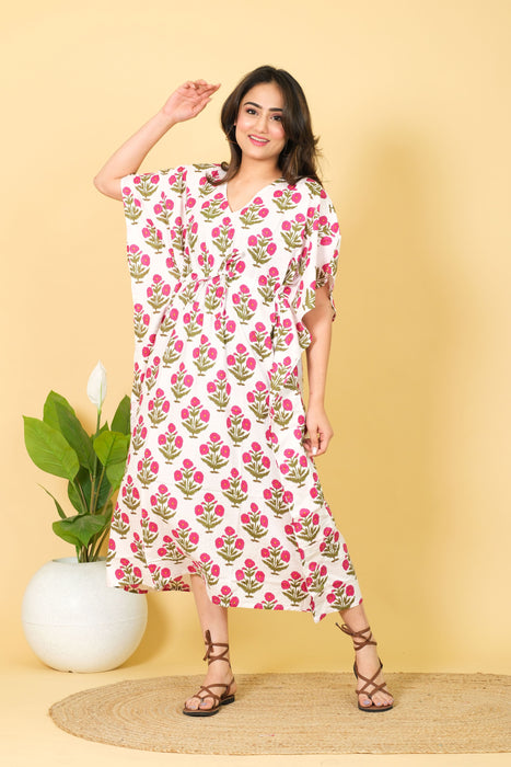 Indian Handmade Floral Cotton Kaftan,Women Dress Long Caftan,Dress Beach Cover up, Gift For Her