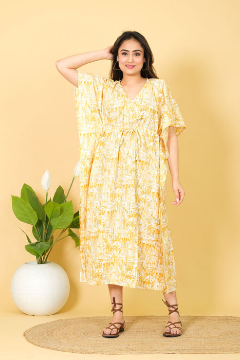 India Printed Cotton Long Beach Kaftan Dress Free Size Caftan, Soft Cotton Kaftan, Yellow Caftan Dress