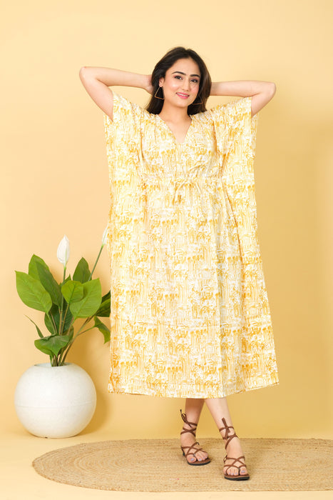 India Printed Cotton Long Beach Kaftan Dress Free Size Caftan, Soft Cotton Kaftan, Yellow Caftan Dress