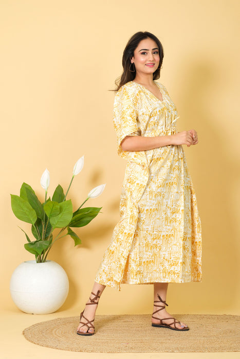 India Printed Cotton Long Beach Kaftan Dress Free Size Caftan, Soft Cotton Kaftan, Yellow Caftan Dress