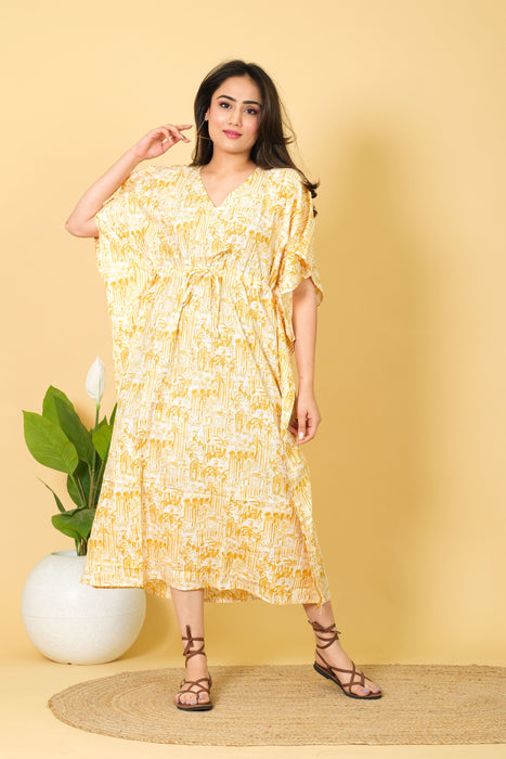 India Printed Cotton Long Beach Kaftan Dress Free Size Caftan, Soft Cotton Kaftan, Yellow Caftan Dress