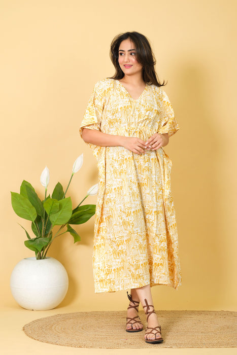 India Printed Cotton Long Beach Kaftan Dress Free Size Caftan, Soft Cotton Kaftan, Yellow Caftan Dress