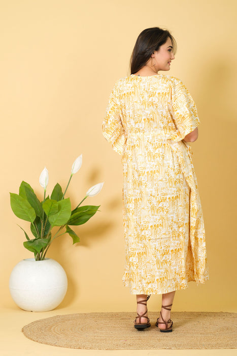 India Printed Cotton Long Beach Kaftan Dress Free Size Caftan, Soft Cotton Kaftan, Yellow Caftan Dress