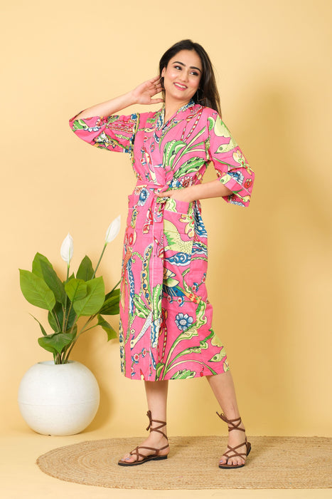 Handmade Cotton Kimono Bathrobe from Marika Textiles, V-neck Bikini Cover-up Robe with Belt