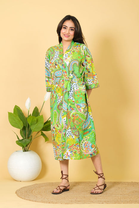 Green Color 100% Cotton Kimono Robe, Paisley Print Bathrobe Bikini Cover-up