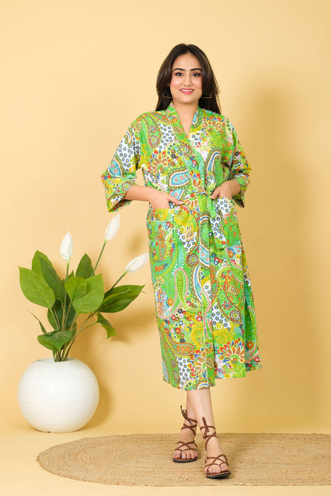 Green Color 100% Cotton Kimono Robe, Paisley Print Bathrobe Bikini Cover-up