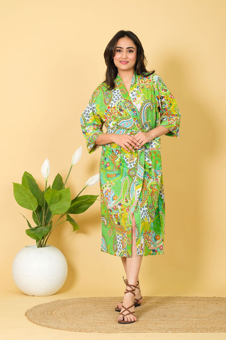 Green Color 100% Cotton Kimono Robe, Paisley Print Bathrobe Bikini Cover-up