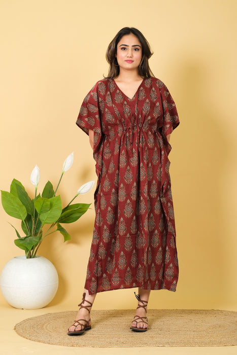 Long Size Maroon Cotton Kaftan Dress, 3/4 Sleeve Party Wear Gown for Women