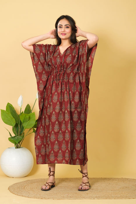 Long Size Maroon Cotton Kaftan Dress, 3/4 Sleeve Party Wear Gown for Women