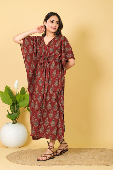 Long Size Maroon Cotton Kaftan Dress, 3/4 Sleeve Party Wear Gown for Women