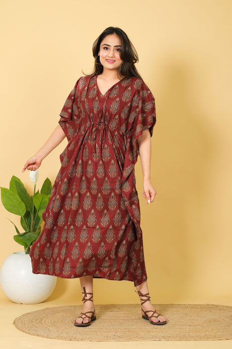 Long Size Maroon Cotton Kaftan Dress, 3/4 Sleeve Party Wear Gown for Women