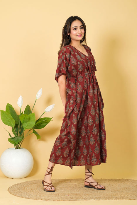 Long Size Maroon Cotton Kaftan Dress, 3/4 Sleeve Party Wear Gown for Women