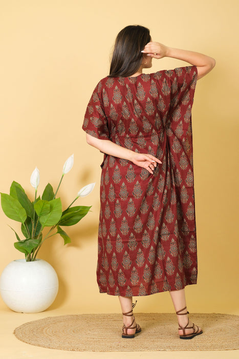 Long Size Maroon Cotton Kaftan Dress, 3/4 Sleeve Party Wear Gown for Women