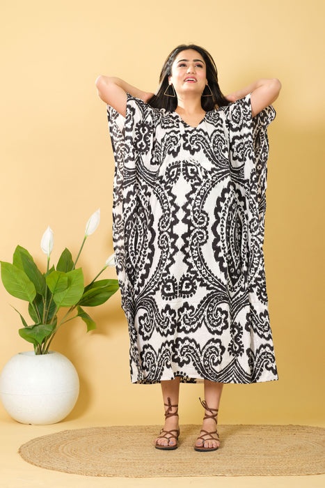 Women's Black & White Cotton Kaftan, V-neck 3/4 Sleeve Party Wear Caftan Maxi Dress