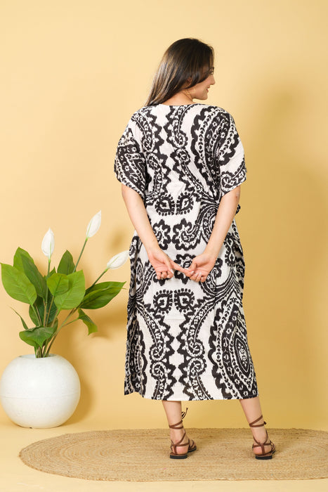 Women's Black & White Cotton Kaftan, V-neck 3/4 Sleeve Party Wear Caftan Maxi Dress