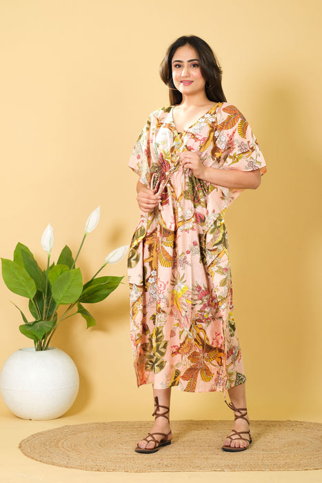 Peach Color Indian Cotton Kaftan, V-neck 3/4 Sleeve Dress from Marika Textiles