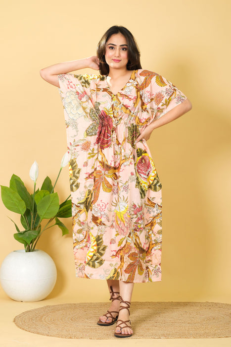 Peach Color Indian Cotton Kaftan, V-neck 3/4 Sleeve Dress from Marika Textiles